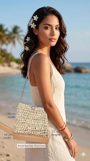 حقيبة كروس صغيرة مصنوعة يدويًا من الرافيا، لون بيج طبيعي، حزام سلسلة، حقيبة صغيرة بنمط بوهيمي 18 سم × 15 سم