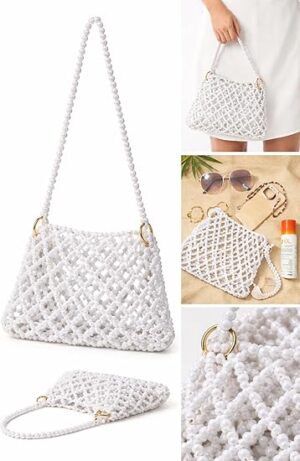 حقيبة كروسبودي مطرزة يدوياً للنساء - محفظة أنيقة من اللؤلؤ المنسوج - حقيبة كتف شبكية أنيقة للصيف والشاطئ وحفلات السهرة. الطول الإجمالي: 55 سم، العرض: 27 سم