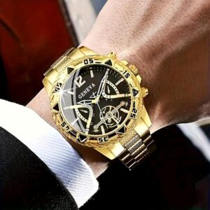 طقم ساعة كوارتز تناظرية فاخرة للرجال مع إكسسوارات، ذهبي وفضي، يتضمن سوارًا وخاتمًا، طقم هدايا من 12 قطعة