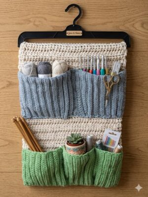 منظم حائط معلق للكروشيه مصنوع يدويًا - حامل متعدد الجيوب للخيوط والإكسسوارات - وحدة تخزين ديكورية من 3 طبقات لغرف الحرف اليدوية - أزرق، أخضر، وكريمي - 60 × 40 سم