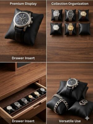 وسائد ساعات فاخرة للعرض والتخزين - عبوة من 12 وسادة مجوهرات من الجلد الصناعي الأسود لصناديق الساعات، والحافظات، والأدراج