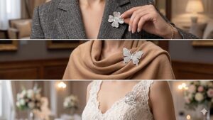 طقم بروش كريستالي أنيق (3 قطع) - إكسسوارات بروش متلألئة على شكل فراشة وزهرة ولؤلؤة للنساء - مثالي للفساتين والأوشحة والملابس الرسمية