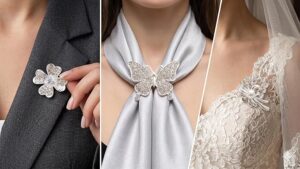 طقم بروش كريستالي أنيق (3 قطع) - إكسسوارات بروش متلألئة على شكل فراشة وزهرة ولؤلؤة للنساء - مثالي للفساتين والأوشحة والملابس الرسمية