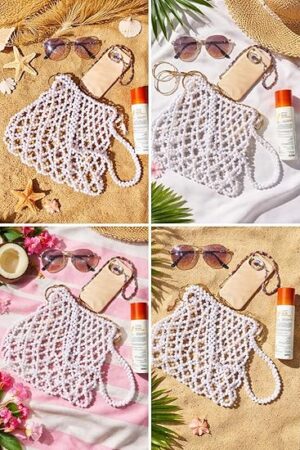 حقيبة كروسبودي مطرزة يدوياً للنساء - محفظة أنيقة من اللؤلؤ المنسوج - حقيبة كتف شبكية أنيقة للصيف والشاطئ وحفلات السهرة. الطول الإجمالي: 55 سم، العرض: 27 سم