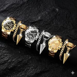 طقم ساعة كوارتز تناظرية فاخرة للرجال مع إكسسوارات، ذهبي وفضي، يتضمن سوارًا وخاتمًا، طقم هدايا من 12 قطعة