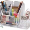 منظم مكتب أكريليك شفاف متعدد الأقسام، مثالي للمكتب والمنزل والمدرسة، لتنظيم الأقلام والملاحظات والبطاقات والأغراض الصغيرة على المكتب.
