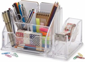 منظم مكتب أكريليك شفاف متعدد الأقسام، مثالي للمكتب والمنزل والمدرسة، لتنظيم الأقلام والملاحظات والبطاقات والأغراض الصغيرة على المكتب.