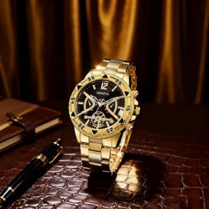 طقم ساعة كوارتز تناظرية فاخرة للرجال مع إكسسوارات، ذهبي وفضي، يتضمن سوارًا وخاتمًا، طقم هدايا من 12 قطعة