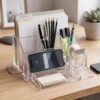 منظم مكتب أكريليك شفاف متعدد الأقسام، مثالي للمكتب والمنزل والمدرسة، لتنظيم الأقلام والملاحظات والبطاقات والأغراض الصغيرة على المكتب.