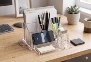 منظم مكتب أكريليك شفاف متعدد الأقسام، مثالي للمكتب والمنزل والمدرسة، لتنظيم الأقلام والملاحظات والبطاقات والأغراض الصغيرة على المكتب.