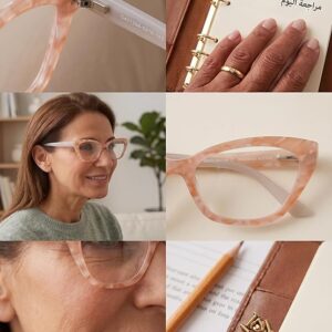 إطار نظارة عين القطة، أسيتات بلون رخامي خوخي، تصميم كلاسيكي نسائي، عدسات شفافة