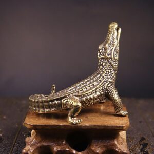 تمثال تمساح نحاسي عتيق مصغر، تمثال تمساح برونزي عتيق، صب الشمع المفقود، 4.1 × 3.2 سم ديكور مكتب فينغ شوي للمنزل