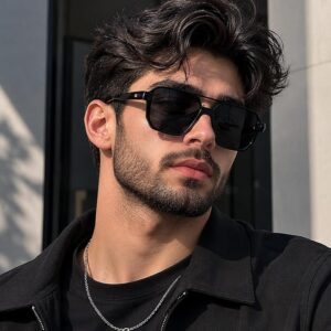 نظارات شمسية كبيرة الحجم بتصميم طيار، عدسات ملونة، إطار معدني أسود، تصميم هندسي مربع، للجنسين