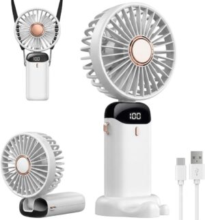 617WXhtjlPL._AC_SL1024_ مروحة رقبة محمولة ببطارية 5000 مللي أمبير وشاشة LED | 5 مستويات للسرعة، محرك هادئ، قابلة للشحن عبر منفذ USB-C، تتضمن حزاماً للرقبة وحامل مكتبي