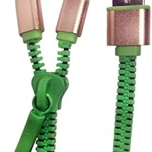 Zipper Charging Cable 2 In 1 For iPhone And Android Devices Or Any Micro USB (Green)-B091D59ZF7