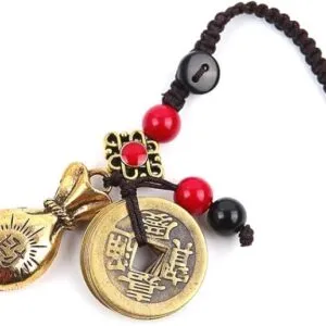 Handmade Rope Lucky Feng Shui Hanging Vintage Brass Money Bag Keychain Pendant Jewelry Ancient Five Emperors Coins Car Key Chain-B0BNXR6YQJ