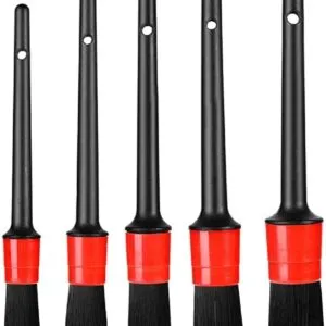 SIZE: 5 different car brush sizes, almost meet all your needs for car cleaning, length enough for easily reaching into the lug nuts, narrow and any other tough to reach areas. NO METAL PARTS-B0FLR9H8QD