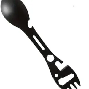 شوكة تخييم 10 في 1 من الفولاذ المقاوم للصدأ، أسود اللون، مزودة بشوكة، وفتاحة زجاجات، وفتاحة علب، ومفتاح ربط